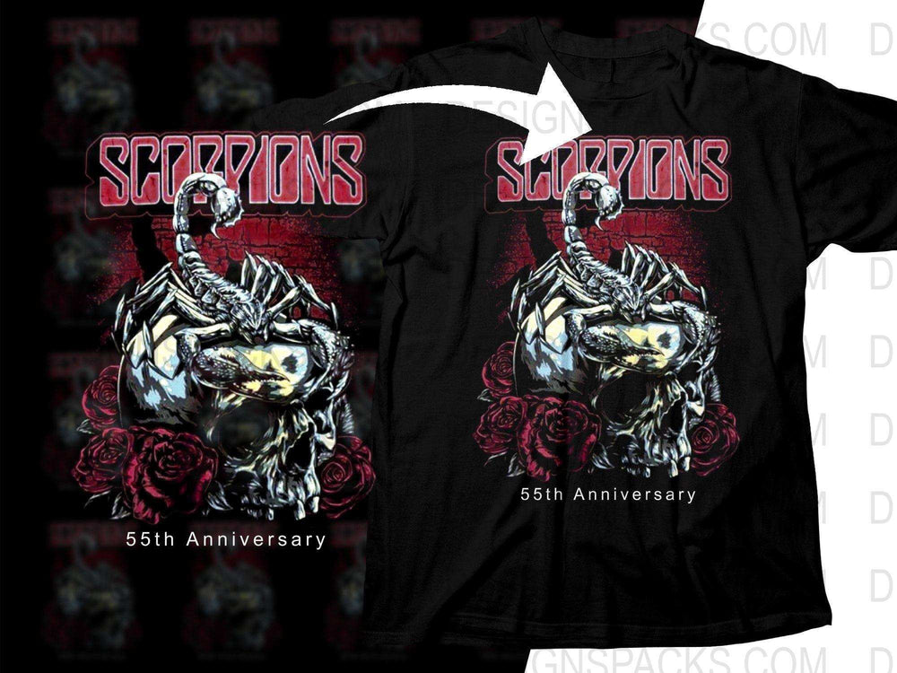 Scorpions 55th Anniversary t-shirt with skull, scorpion, and roses design