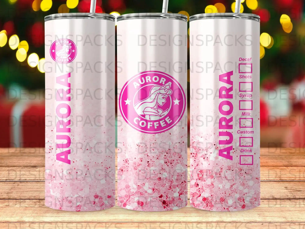 Aurora Coffee tumbler with pink glitter and coffee drink options.