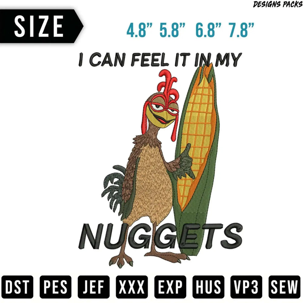 Chicken character giving a thumbs up next to a corn cob with "NUGGETS" text.