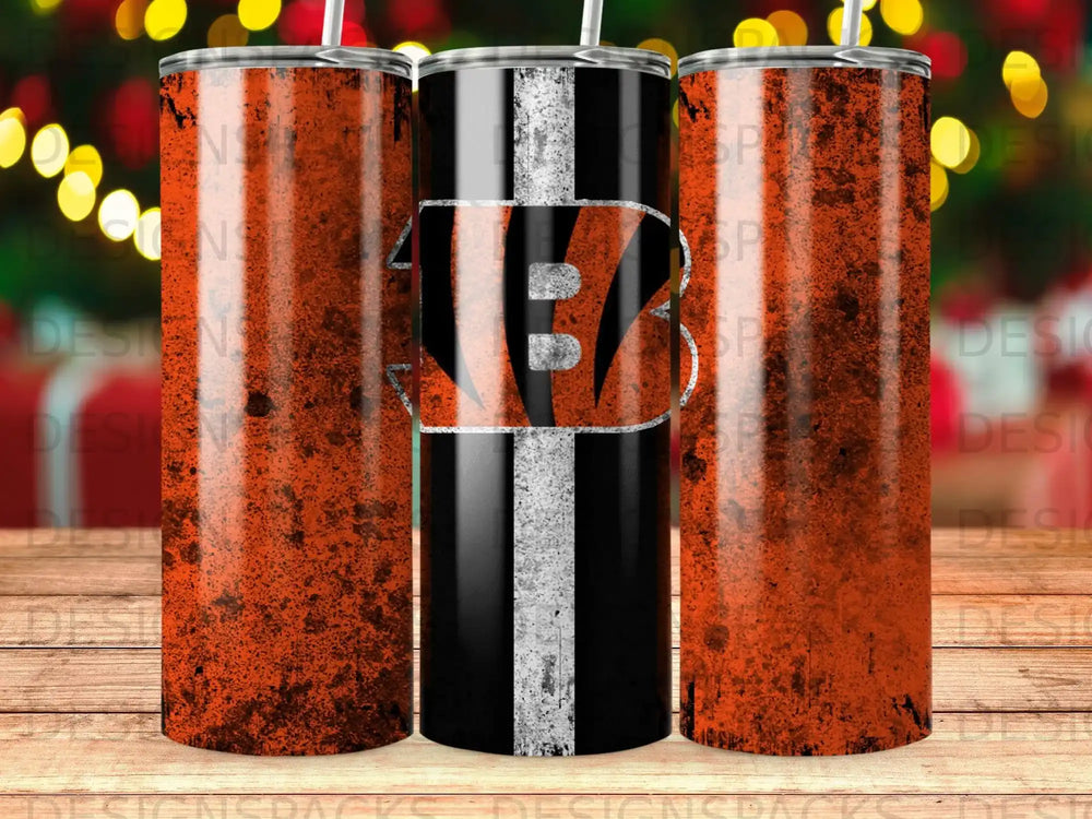 Cincinnati Bengals tumbler with distressed orange and black stripes.