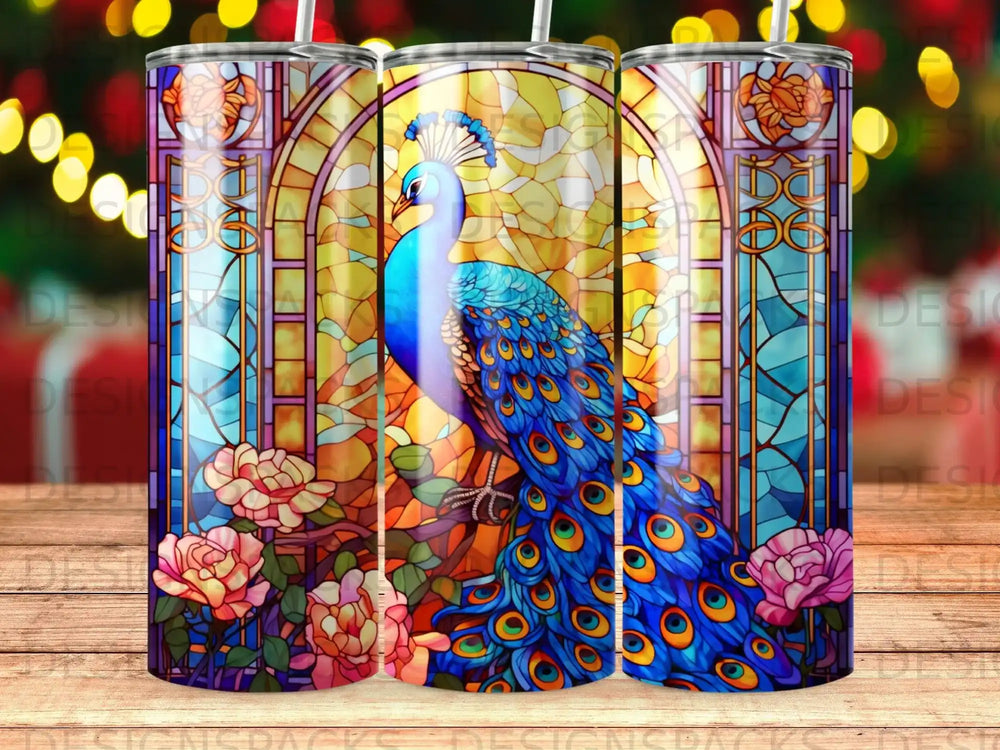 Stained glass tumbler with peacock and roses design.