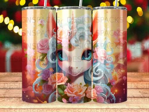 Unicorn with flowers on a tumbler, light yellow background with bokeh lights.