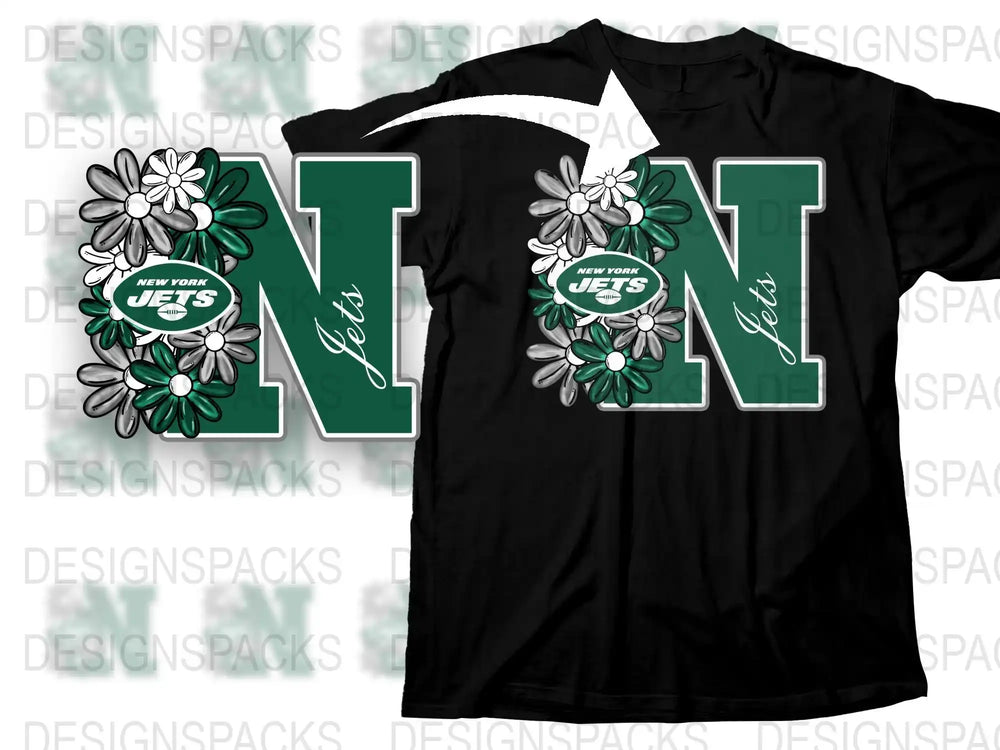 New York Jets Floral Design T-Shirt, Stylish Green Sports Fan Apparel, Unique Daisy Flower Graphics Tee