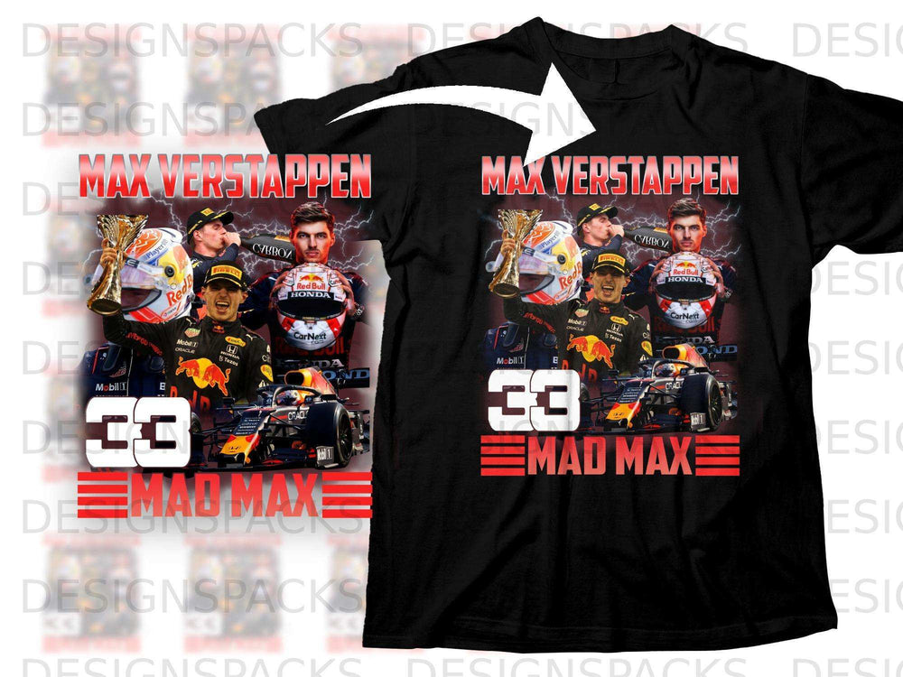 Max Verstappen "MAD MAX" t-shirt with driver, car, and sponsor logos.