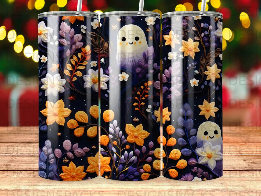 Dark tumbler with ghost and floral pattern.