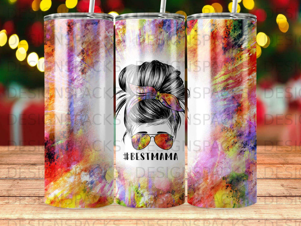 Tumbler with #BestMama text and messy bun woman graphic, watercolor background.
