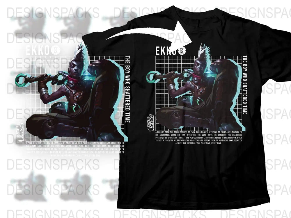 Ekko League of Legends t-shirt design, 'The Boy Who Shattered Time,' print-ready graphic for DTG/DTF