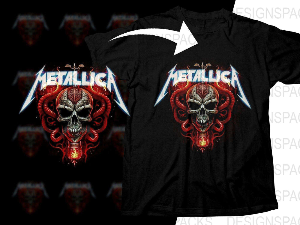 Metallica skull design t-shirt with red flames and snakes, print-ready for DTG or DTF