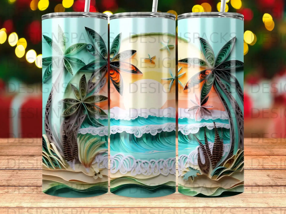 Tropical beach scene with palm trees, ocean waves, and sunset on a tumbler.