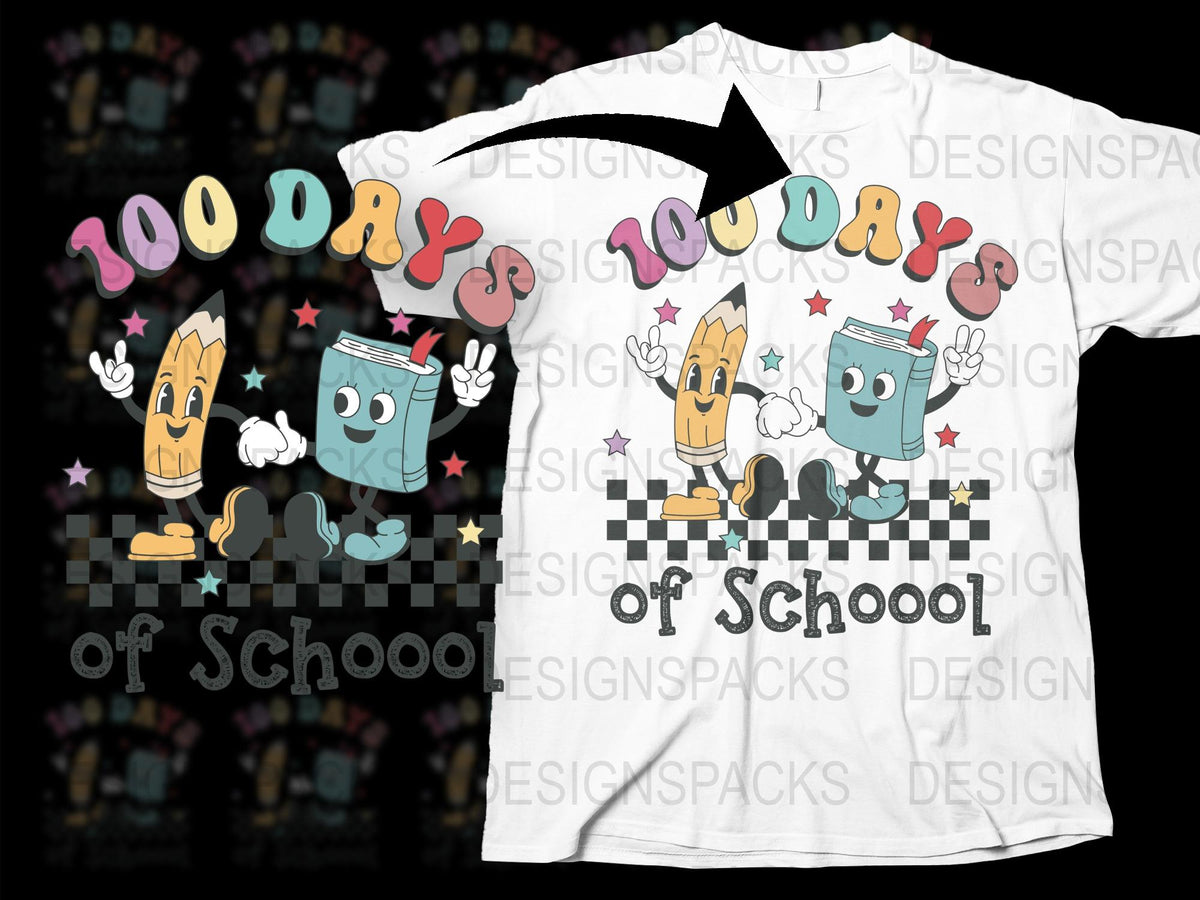 Kids 100 Days of School T-Shirt, Fun Pencil and Notebook Design, Colorful School Celebration Shirt