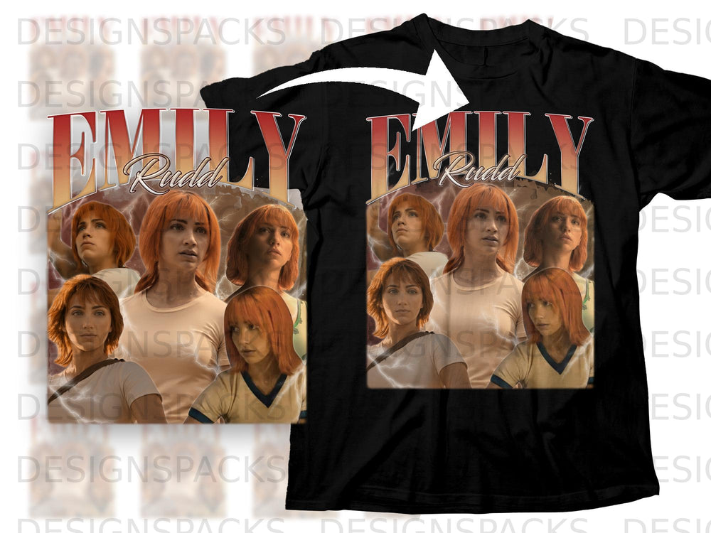 Black t-shirt featuring "EMILY Rudd" and multiple portraits of a woman.