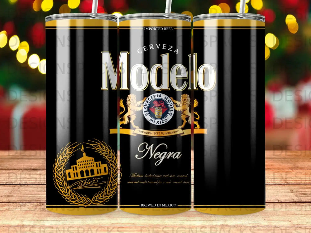 Modelo Negra beer tumbler with brewery logo and text.