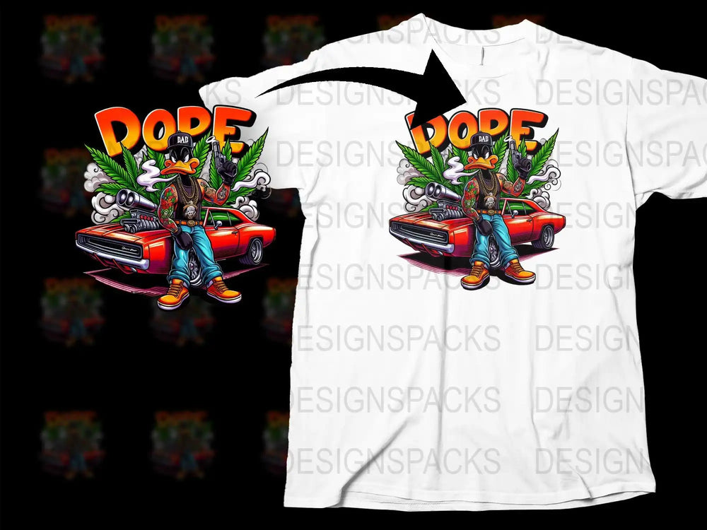 Dope duck with red car, cannabis leaves, and tattoos on white t-shirt design