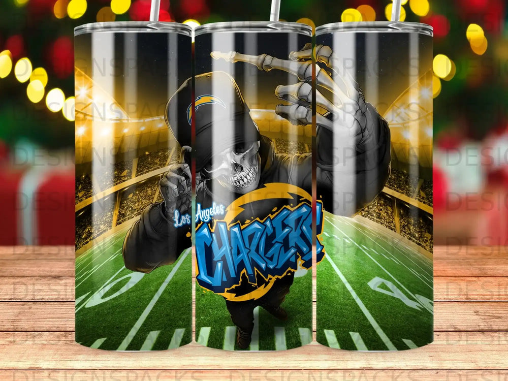 Los Angeles Chargers skull skeleton character on football field.