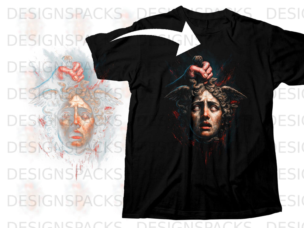 Black t-shirt with a graphic of a hand holding Medusa's severed head.