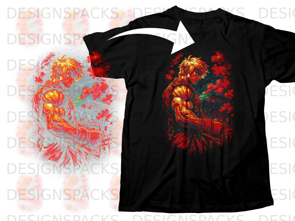 Black t-shirt featuring an anime-style illustration of a muscular man with blonde hair.