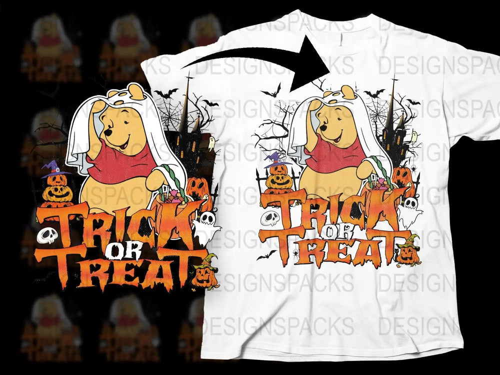 Winnie the Pooh Trick or Treat Halloween T-Shirt Design with Pumpkins and Ghosts