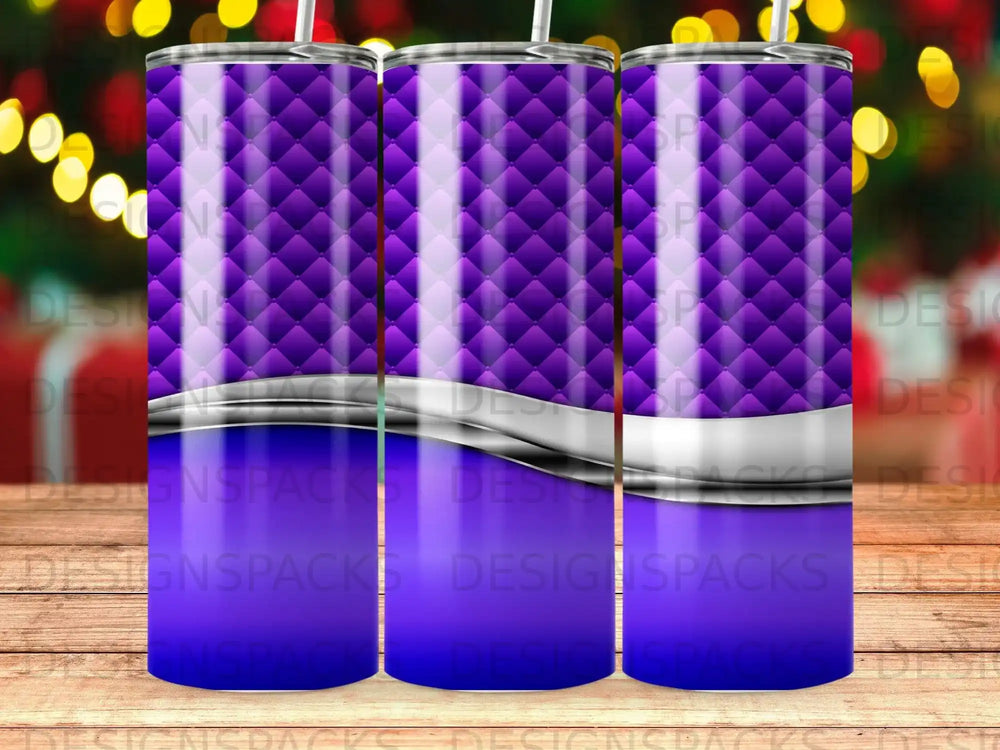 Purple quilted tumbler with silver metallic band and abstract blue background.