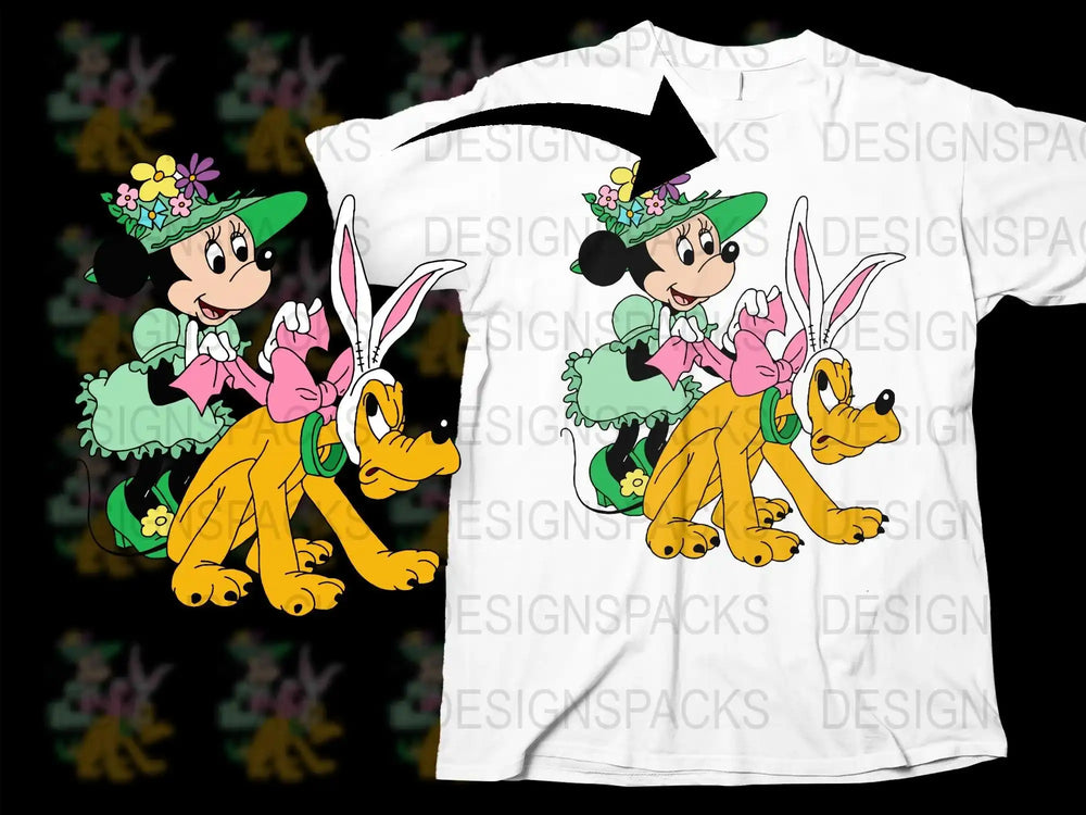 Minnie Mouse and Pluto in Easter bunny ears on a white t-shirt design
