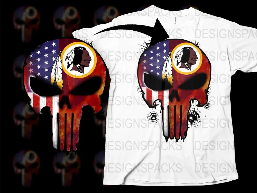 Punisher skull with American flag and Native American profile design on white t-shirt