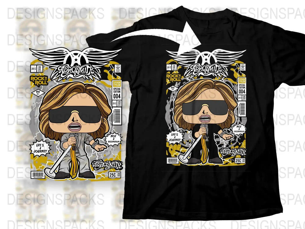 Aerosmith Steven Tyler cartoon t-shirt design with comic book style, rock n roll graphics, and winged logo for DTF/DTG printing