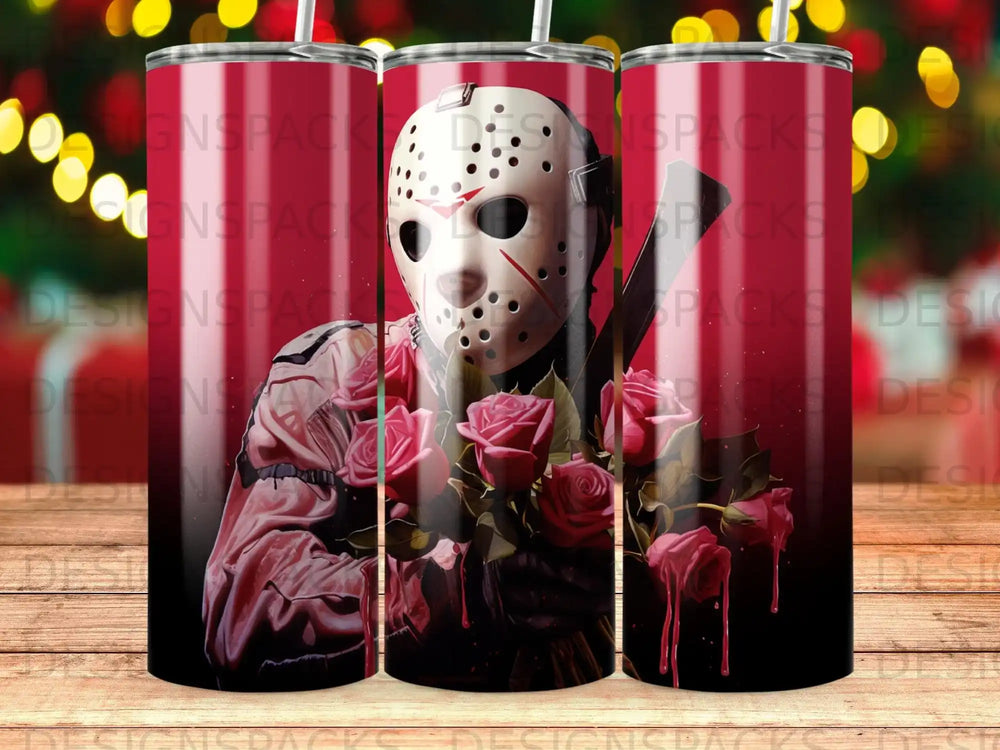 Jason Voorhees mask with bloody roses and axe on a tumbler.