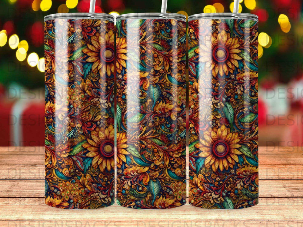 Sunflower and paisley pattern on three tumblers.
