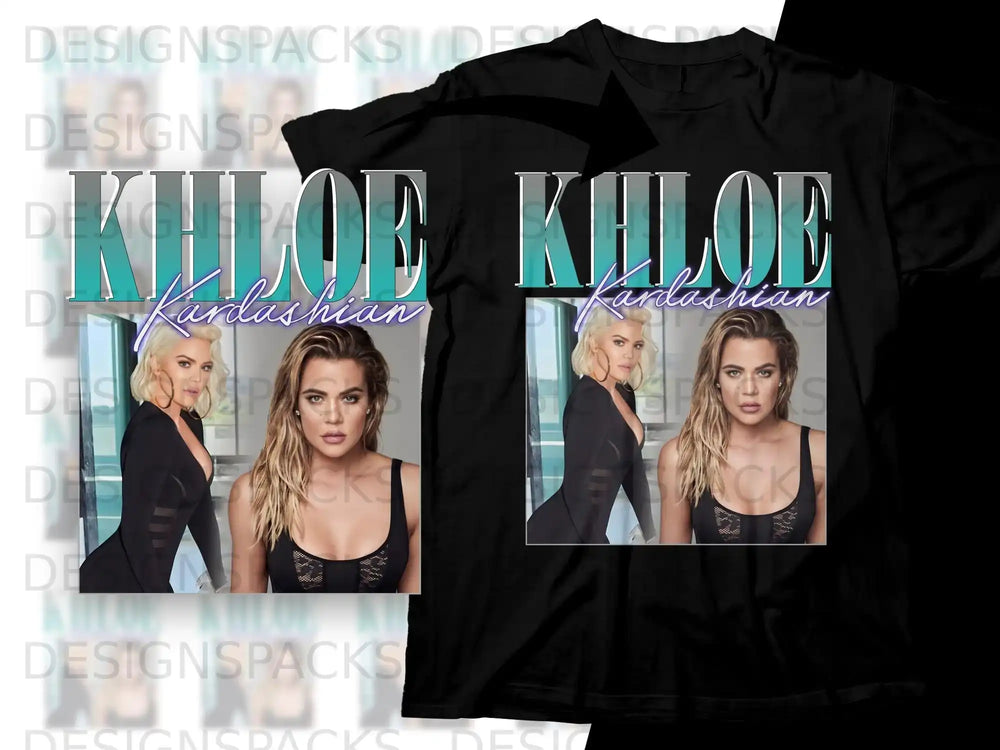 Khloe Kardashian portrait on black t-shirt with "Khloe Kardashian" text.