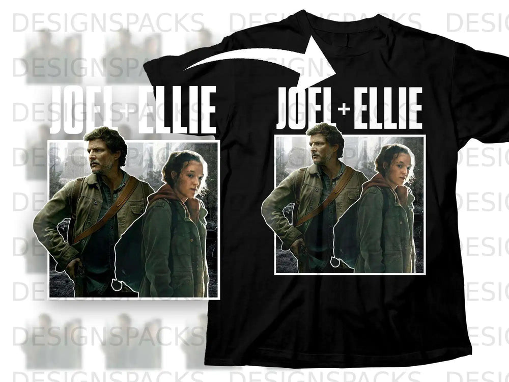 Joel and Ellie graphic on a black t-shirt.