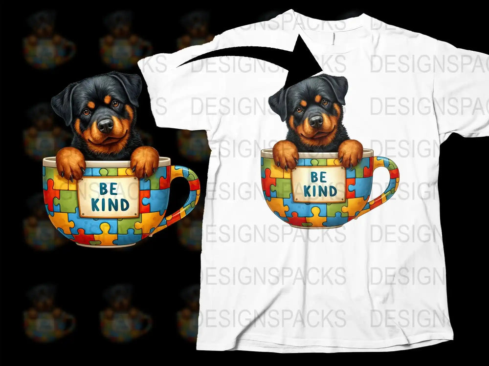 Rottweiler Puppy in Puzzle Cup T-Shirt, Be Kind Motivational Message, Cute Dog Graphic Tee, Unisex Cotton Shirt