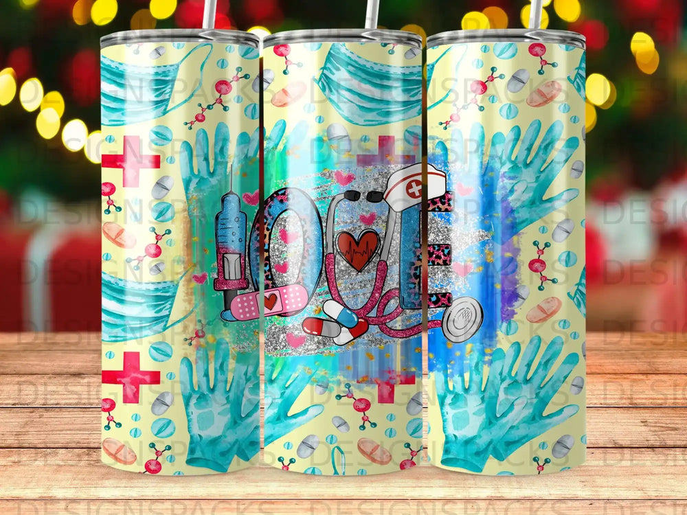 Medical themed tumbler with stethoscope, mask, gloves, and pills pattern.