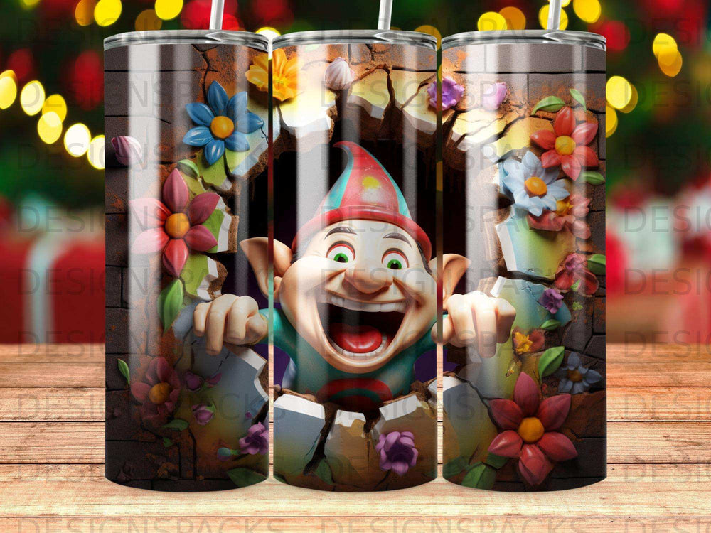 Joyful cartoon elf peeking through a cracked wall with colorful flowers.