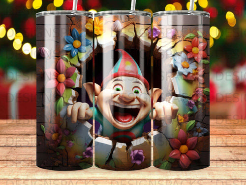 Joyful cartoon elf peeking through a cracked wall with colorful flowers.