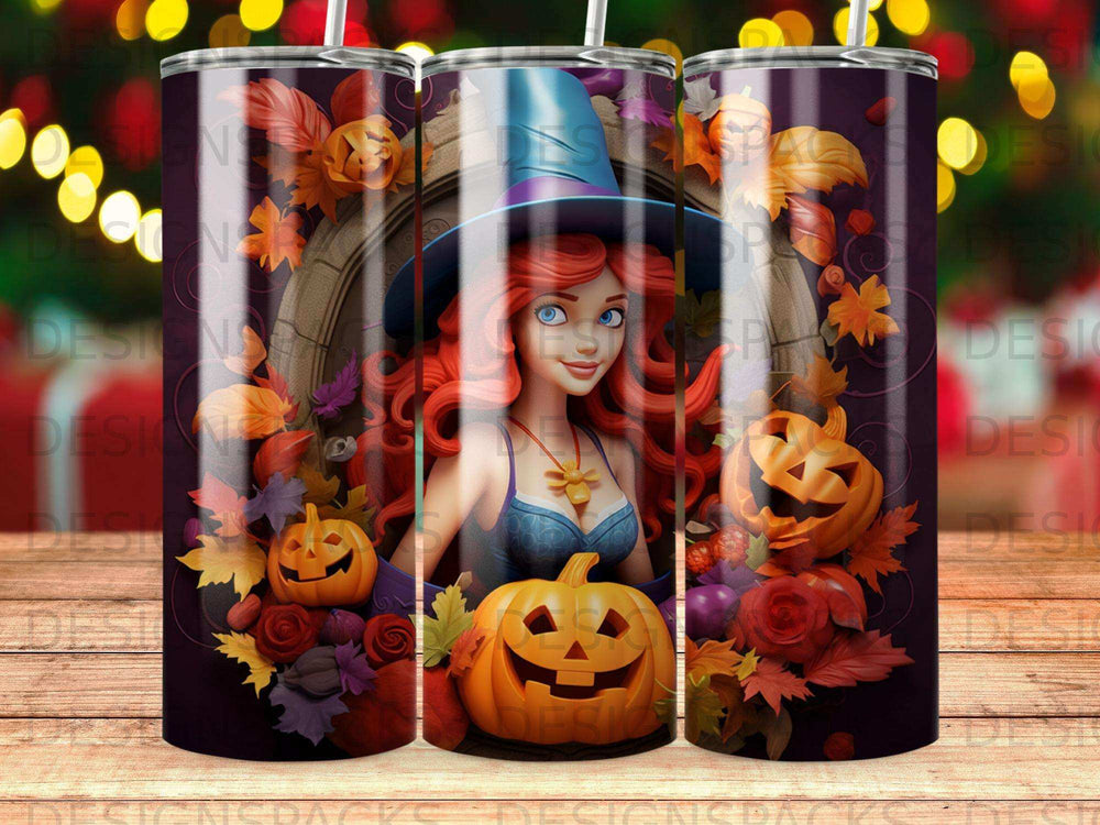 Halloween witch with pumpkins, bats, and autumn leaves.