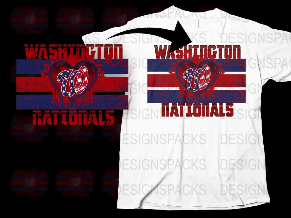 Washington Nationals heart logo t-shirt design with red, white, blue stripes and distressed text for DTF/DTG printing