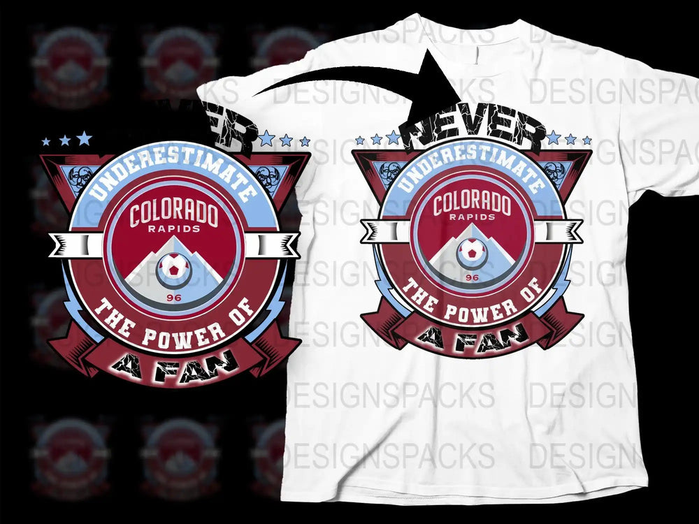 Colorado Rapids soccer fan t-shirt design with bold emblem and 'Never Underestimate' slogan