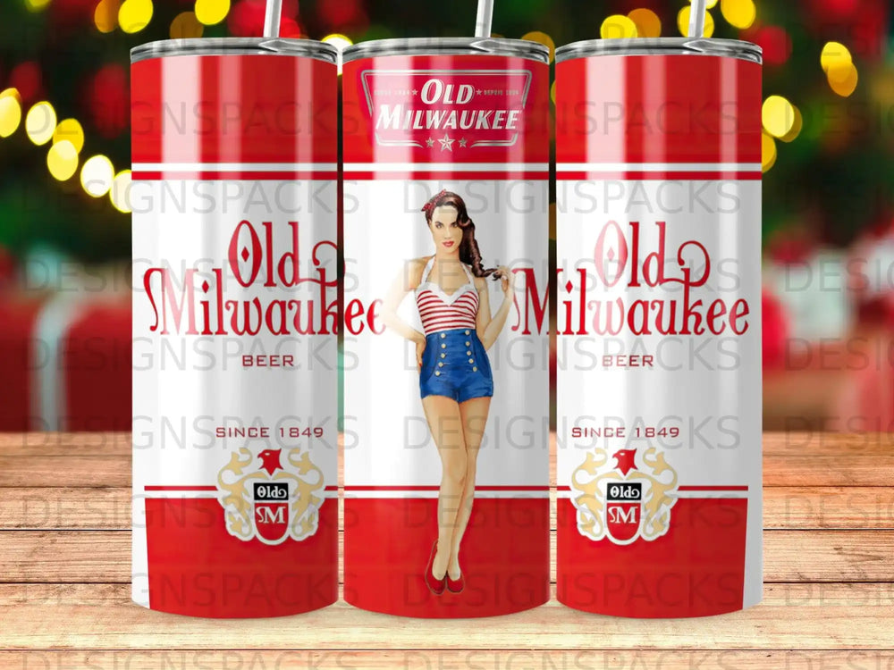 Tumbler with repeating Old Milwaukee beer logo and pin-up girl illustration.