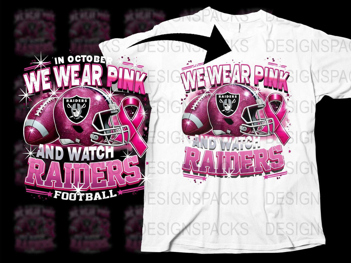We Wear Pink In October Raiders Football T-Shirt, Breast Cancer Awareness, Sports Fan Apparel, Pink Helmet Design Tee