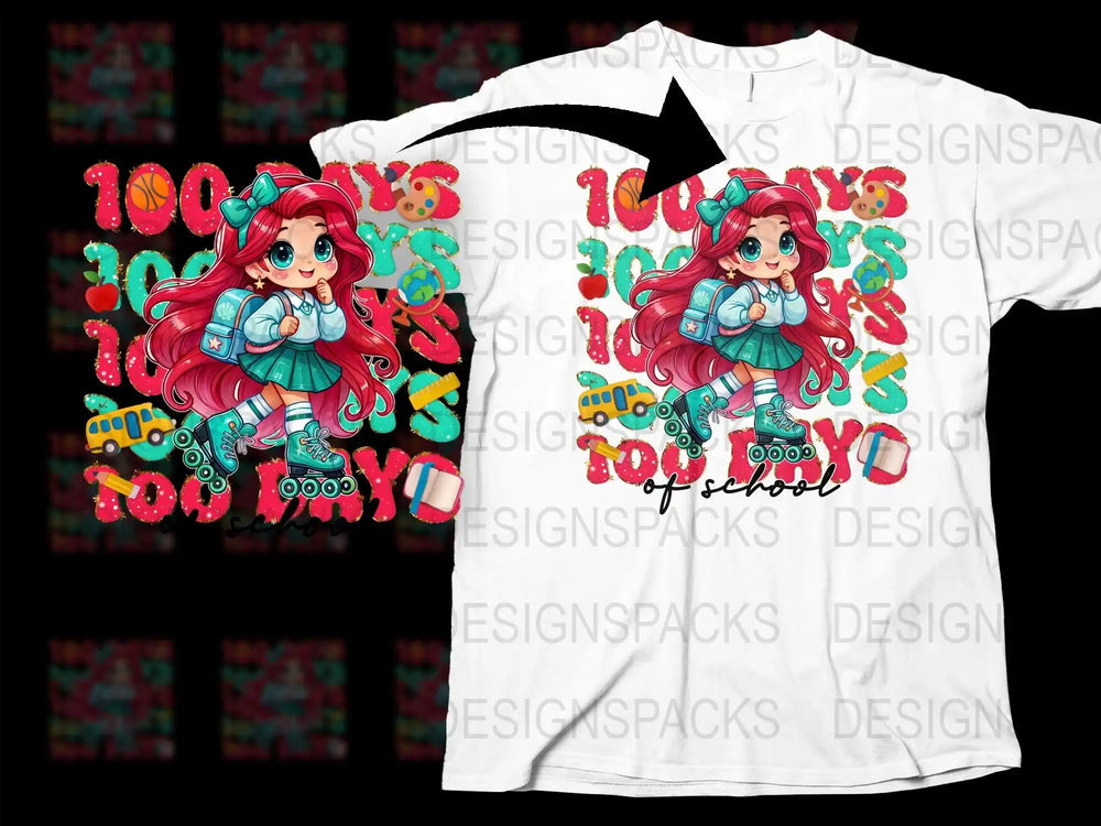 100 Days of School T-Shirt Design with Chibi Girl, Roller Skates, and School Icons