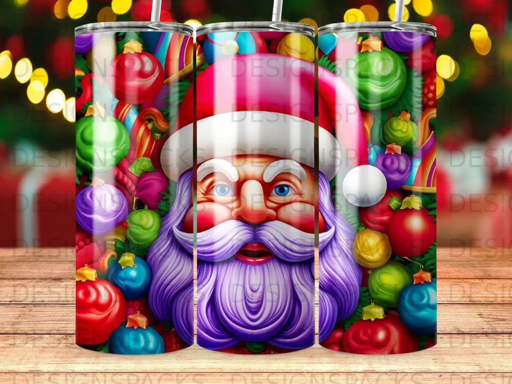 Santa Claus with purple beard and red hat surrounded by ornaments.