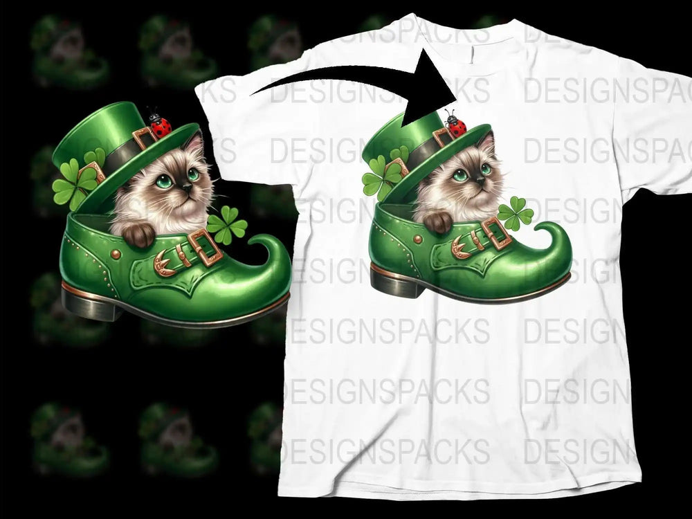 St. Patrick's Day T-Shirt, Cute Cat in Green Shoe, Lucky Clover Print, Unisex Graphic Tee