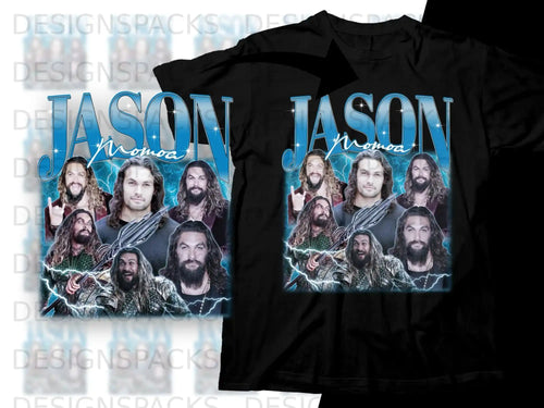 T-shirt graphic with Jason Momoa montage in blue and gold tones.