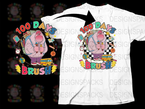 100 Days Brush school-themed t-shirt design with cartoon character, pencils, bus, globe, and checkered background
