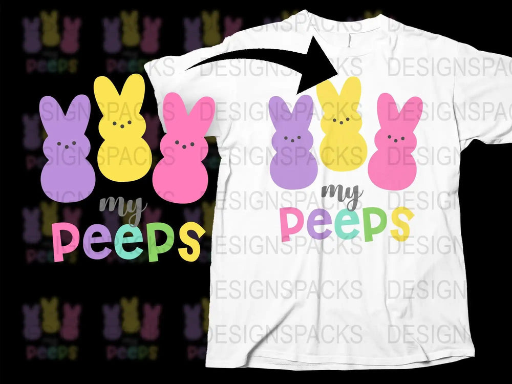 My Peeps Easter t-shirt design with purple, yellow, pink bunnies, print-ready SVG/PNG for DTG/DTF