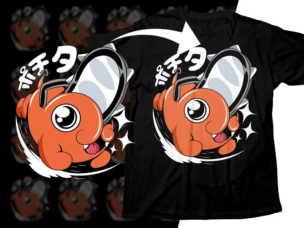 Cute orange cartoon character with headphones on black t-shirt design