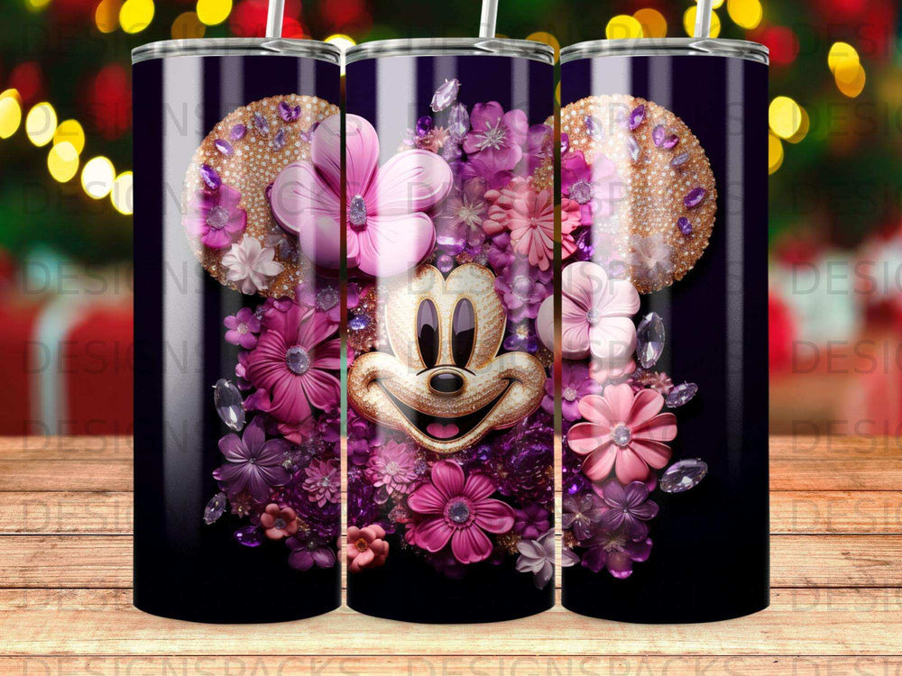 Mickey Mouse head made of purple flowers and rhinestones on a tumbler.