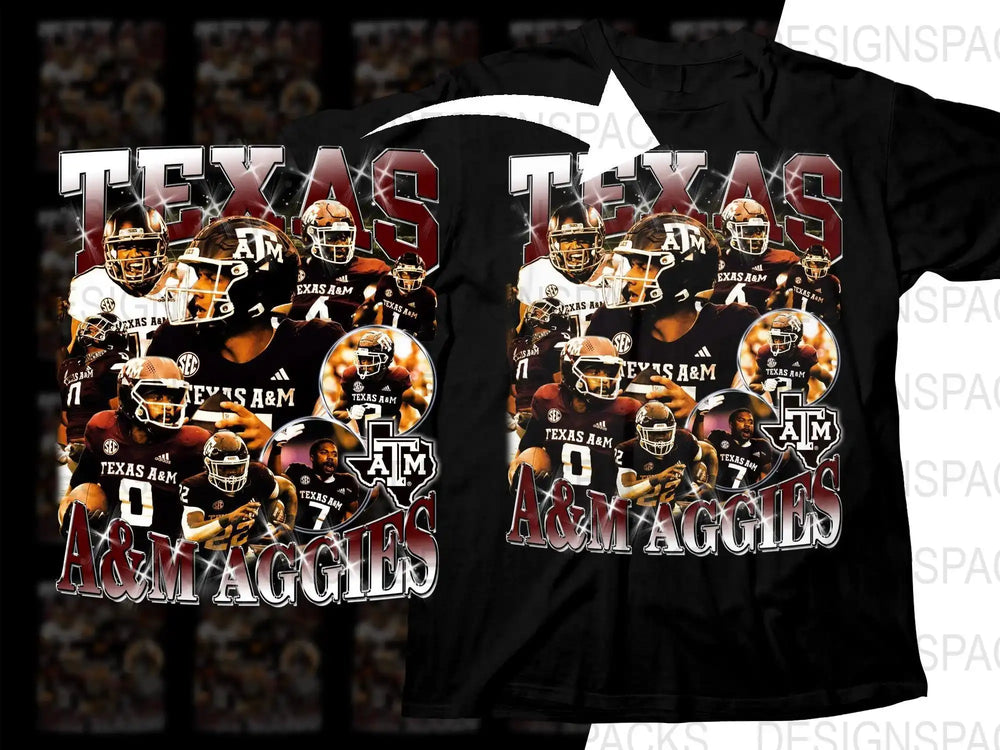 Texas A&M Aggies football team design on black t-shirt, print-ready for DTF/DTG