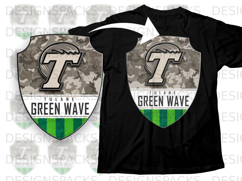 Tulane Green Wave logo on black t-shirt with camouflage and green stripes.