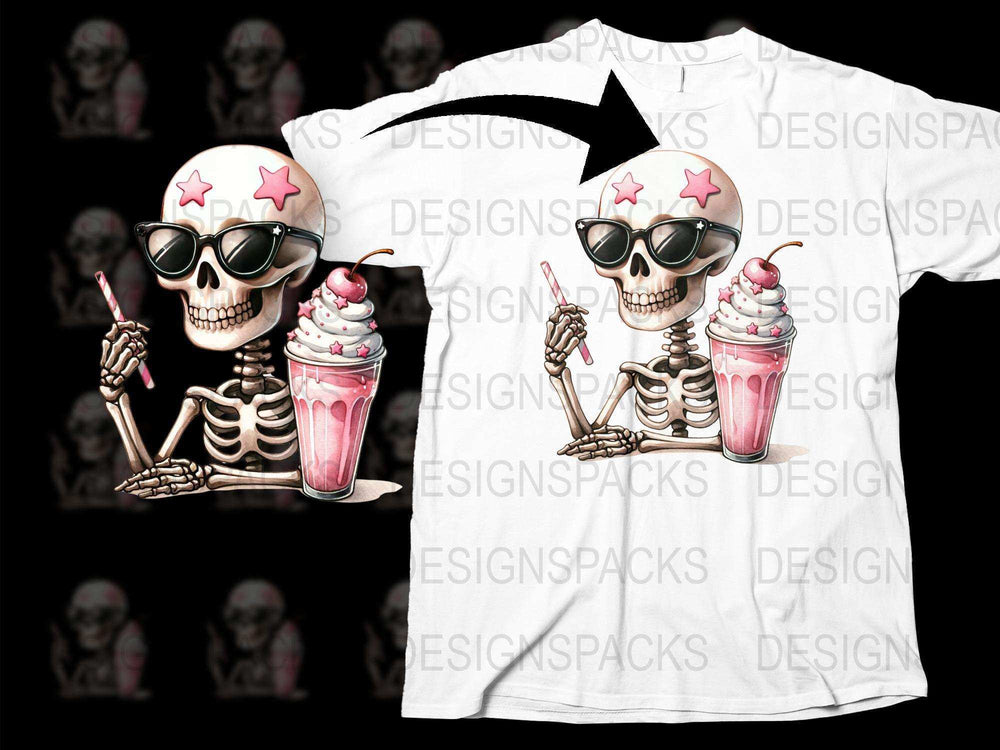 Skeleton T-Shirt With Star Sunglasses and Milkshake, Unisex Skull Graphic Tee, Unique Goth Apparel