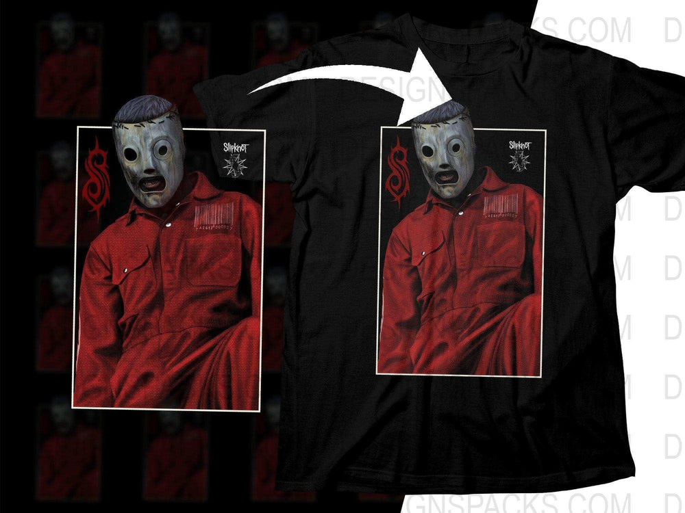 Slipknot band t-shirt design with masked figure in red jumpsuit, print-ready for DTG/DTF
